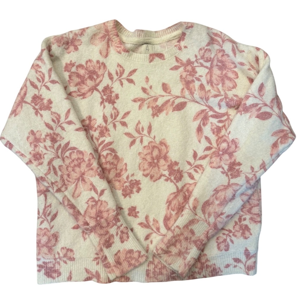 Joie Pink Floral Crewneck Sweater Ivory Soft Knit Pullover Womens Medium
